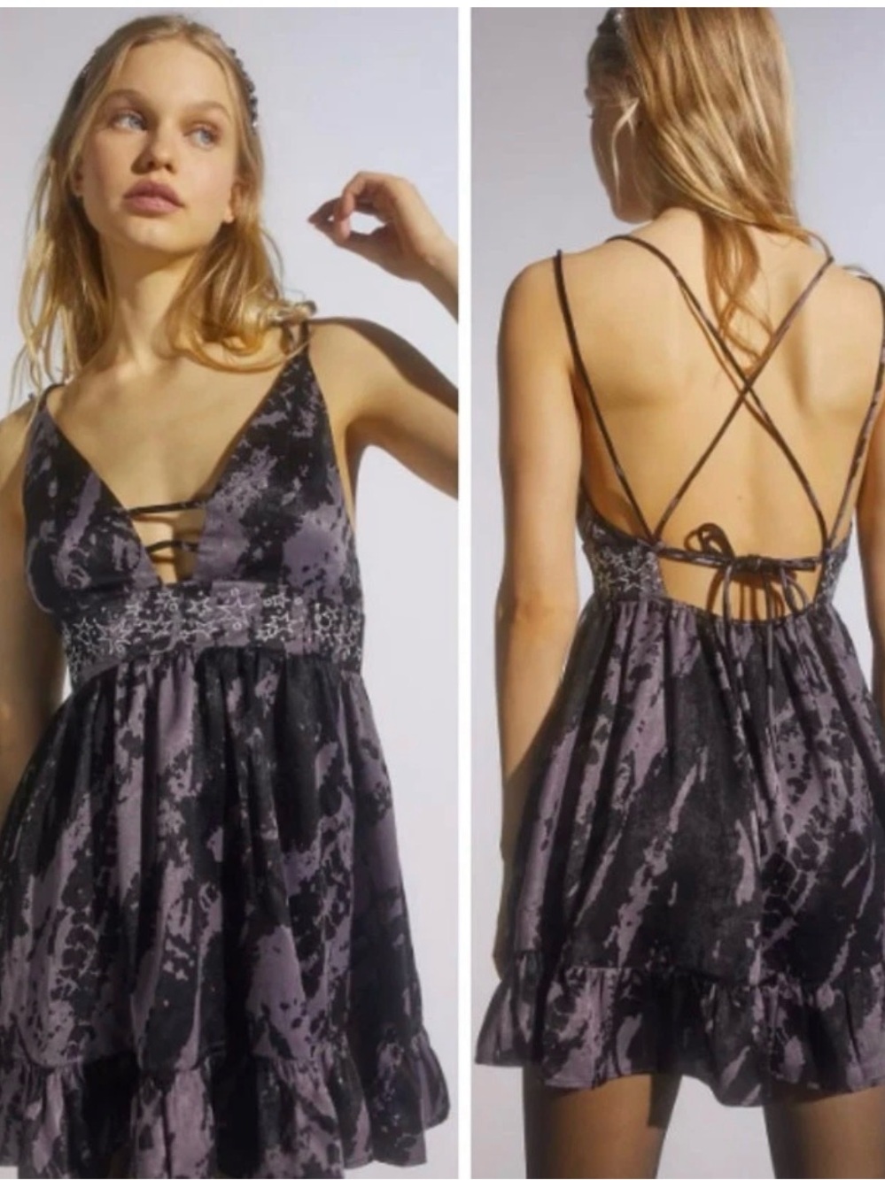 Urban Outfitters Star Embroidered Satin Tie-Dye Naomi-Strappy Mini Dress XS